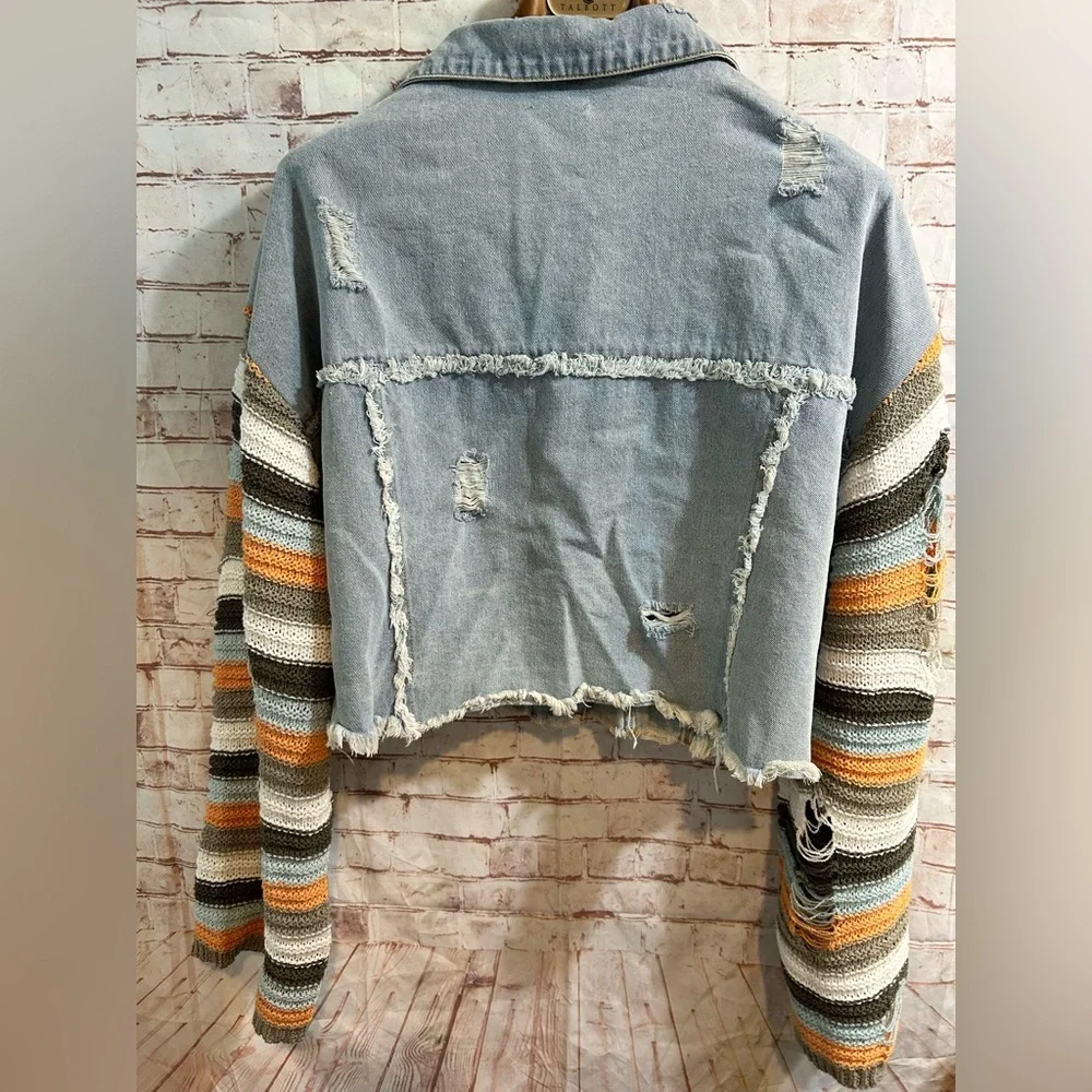 POL Blue Jean Jacket with Multicolor Striped Sleeves - Picture 4 of 4